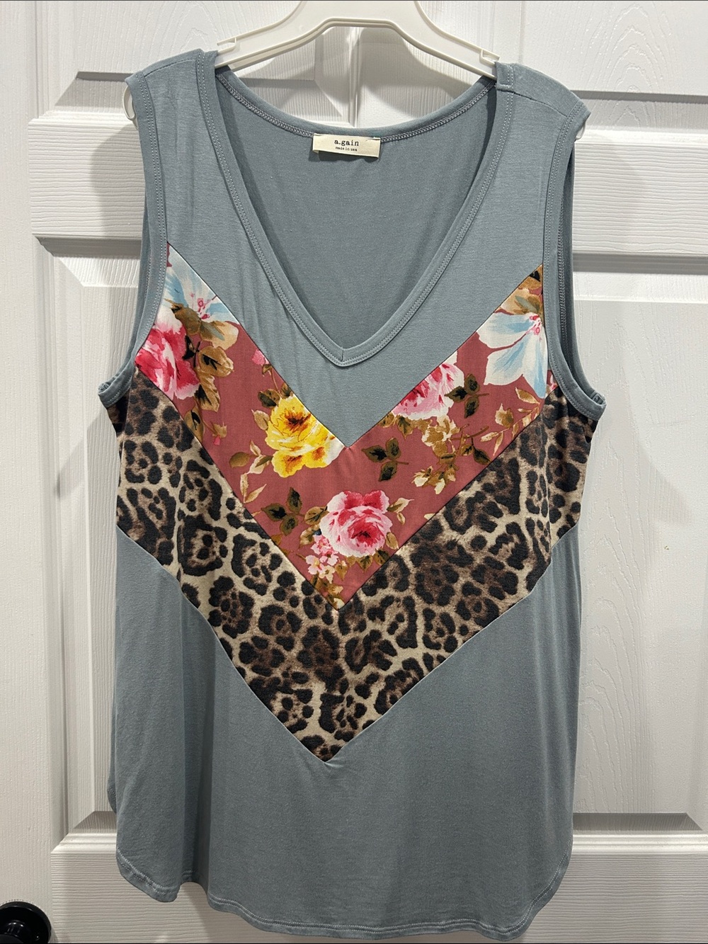 NWOT a.gain Women's Sleeveless V-Neck Mixed Print Tank - Dusty Blue